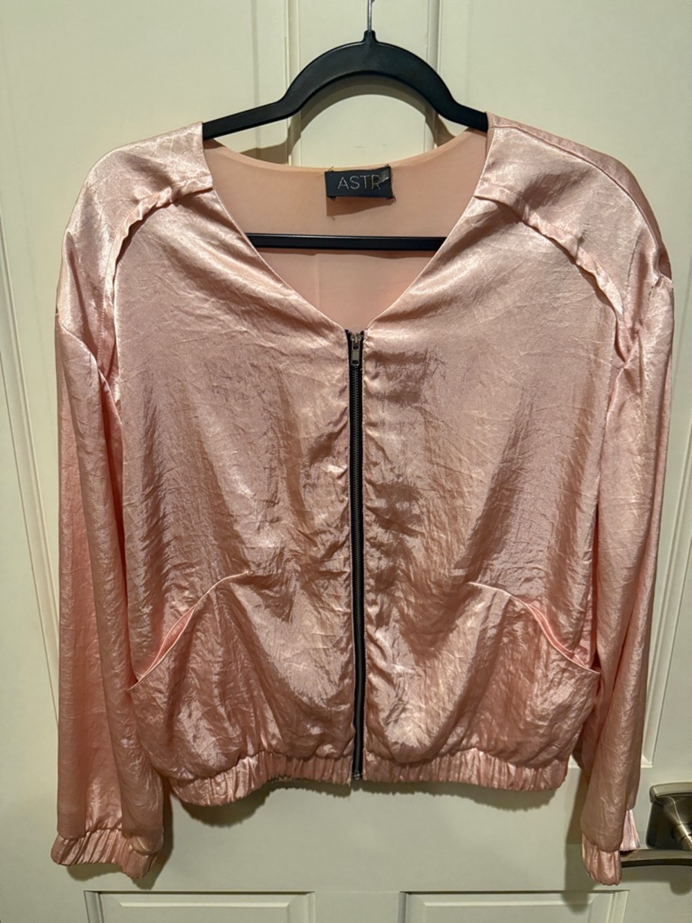 ASTR Rose Blush Satin Bomber Jacket